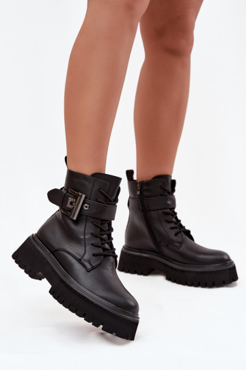 Bottes de travail en simili cuir pour femmes chaudes décorées de boucles D&A MK52-032 noires 2