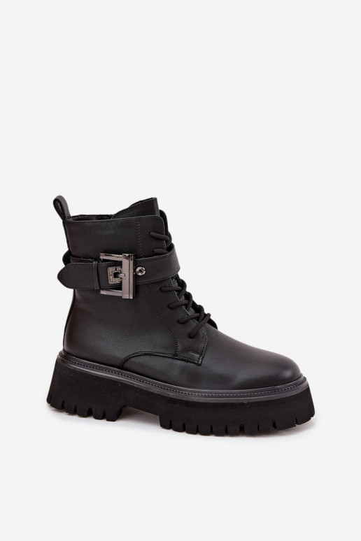 Peau Bottines de travail Féminin réchauffer décorer avec boucles D&A MK52-032 couleur noire Peau Bottines de travail Féminin réchauffer décorer avec boucles D&A MK52-032 couleur noire
