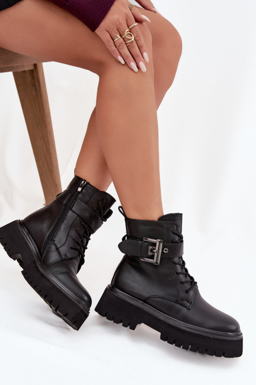 Peau Bottines de travail Féminin réchauffer décorer avec boucles D&A MK52-032 couleur noire Peau Bottines de travail Féminin réchauffer décorer avec boucles D&A MK52-032 couleur noire