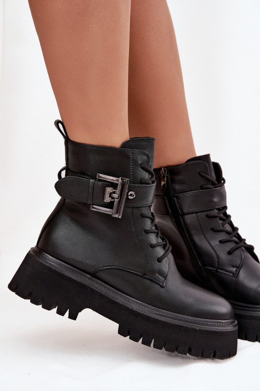 Peau Bottines de travail Féminin réchauffer décorer avec boucles D&A MK52-032 couleur noire Peau Bottines de travail Féminin réchauffer décorer avec boucles D&A MK52-032 couleur noire