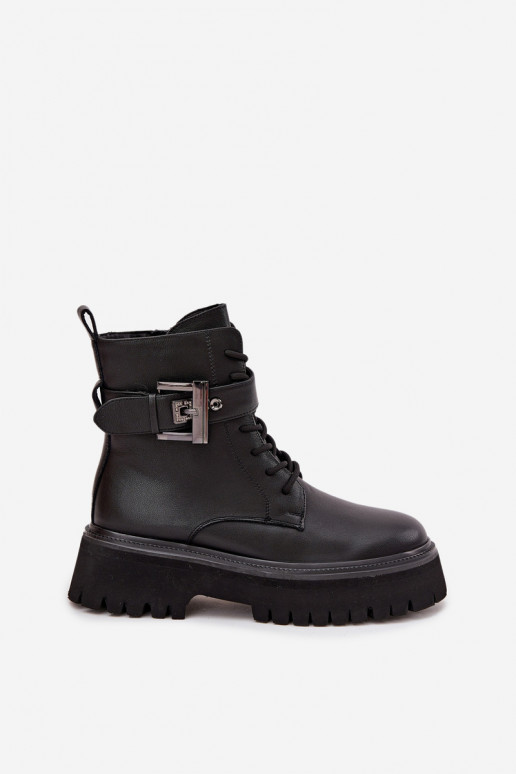 Peau Bottines de travail Féminin réchauffer décorer avec boucles D&A MK52-032 couleur noire Peau Bottines de travail Féminin réchauffer décorer avec boucles D&A MK52-032 couleur noire