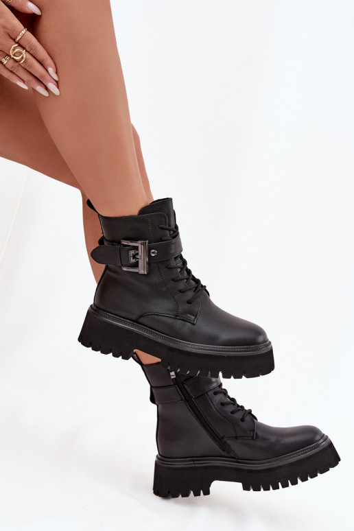 Peau Bottines de travail Féminin réchauffer décorer avec boucles D&A MK52-032 couleur noire Peau Bottines de travail Féminin réchauffer décorer avec boucles D&A MK52-032 couleur noire