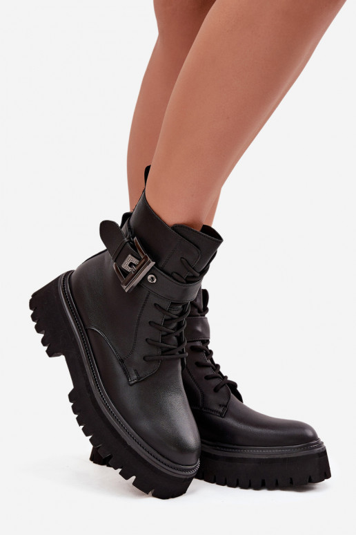 Peau Bottines de travail Féminin réchauffer décorer avec boucles D&A MK52-032 couleur noire Peau Bottines de travail Féminin réchauffer décorer avec boucles D&A MK52-032 couleur noire