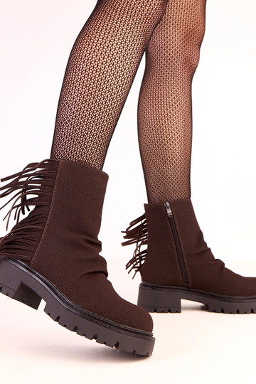 Bottes Silia en cuir chocolat avec franges sur épaisse semelle 2
