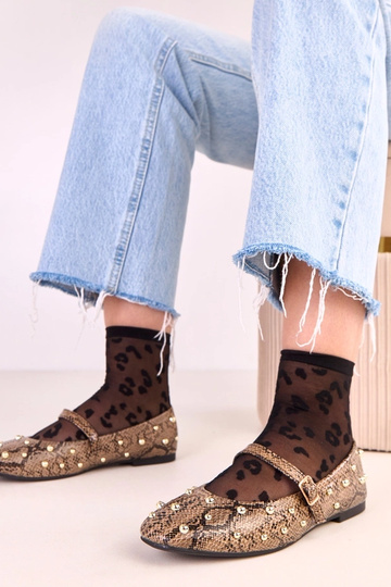 Ballerines Selena en cuir marron avec motif serpent, décorées de perles 2