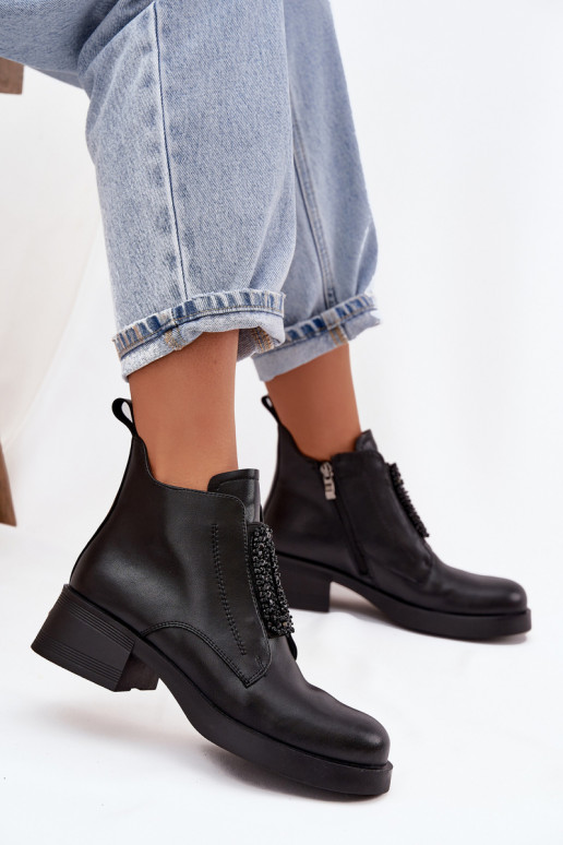 Peau Bottes pour femmes Klocke avec des ornements D&A JC52-869 couleur noire Peau Bottes pour femmes Klocke avec des ornements D&A JC52-869 couleur noire