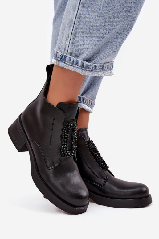 Peau Bottes pour femmes Klocke avec des ornements D&A JC52-869 couleur noire Peau Bottes pour femmes Klocke avec des ornements D&A JC52-869 couleur noire