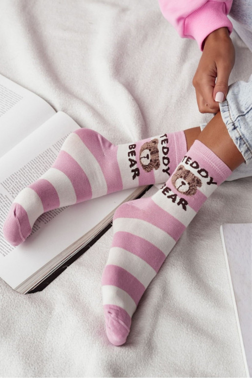 Chaussettes Féminin avec des bandes Teddy Bear rose-couleur blanche
