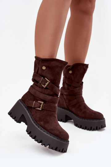 Bottines pour femmes à talons épais avec boucles et lanières, couleur chocolat, Nerelisa 2