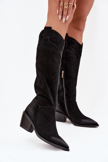 Bottes longues de style cowboy pour femmes avec talons en daim naturel Artiker 57C0232, couleur noire 2