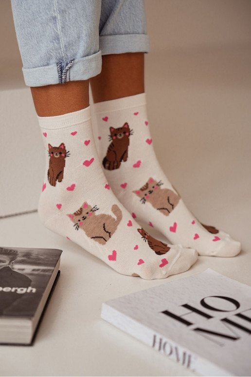 Chaussettes Féminin Chats I avec des coeurs couleur ivoire