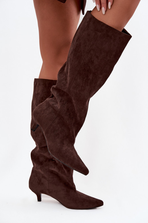 Bottes longues pour femmes avec talons en daim synthétique, couleur chocolat Pheona