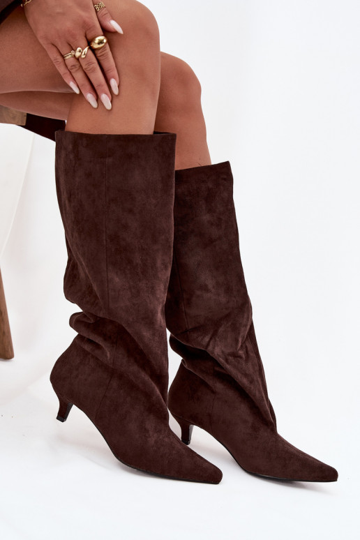 Bottes longues pour femmes avec talons en daim synthétique, couleur chocolat Pheona