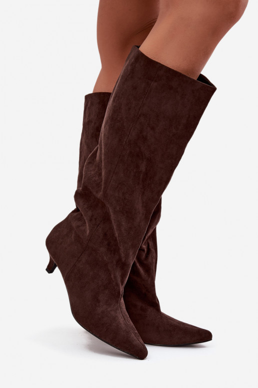 Bottes longues pour femmes avec talons en daim synthétique, couleur chocolat Pheona