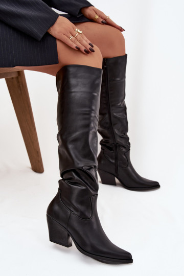 Bottes longues style cowboy avec talons, volants, isolées, couleur noire Rosvian