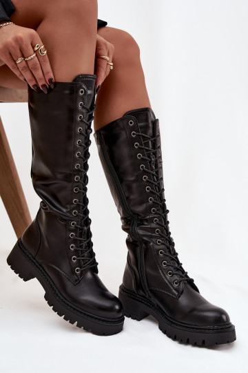 Bottes longues en cuir isolées pour femmes avec lacets couleur noire Novissa 2