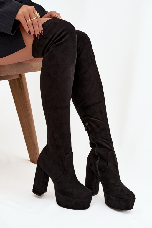 bottes avec des talons et plateforme au-dessus du genou en daim écologiqueoÀe couleur noire Amareen