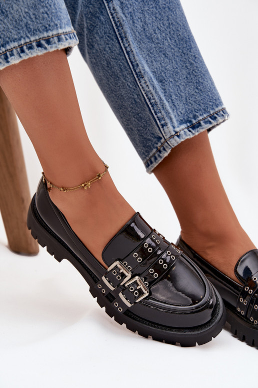 mocassins pour femmes avec effet vernis avec des bandes I couleur argentmi avec bouclesmi couleur noire Gabrisse