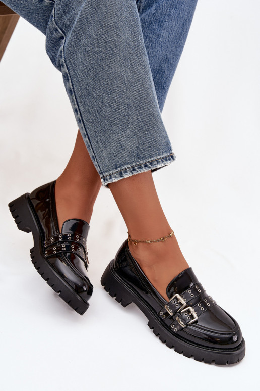 mocassins pour femmes avec effet vernis avec des bandes I couleur argentmi avec bouclesmi couleur noire Gabrisse