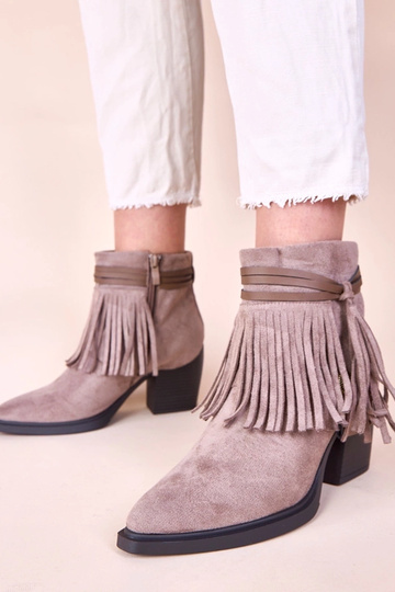 Bottines sable foncé sur talon avec franges Mulan