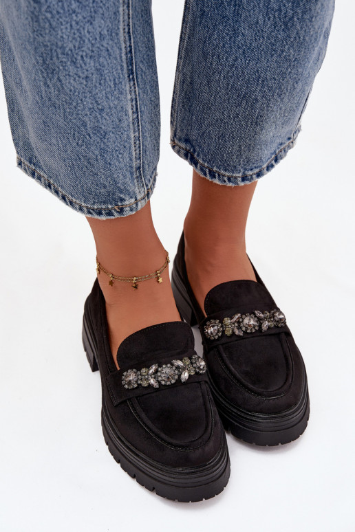 mocassins pour femmes aux yeux brillants en daim écologiqueoÀe couleur noire Lavisse