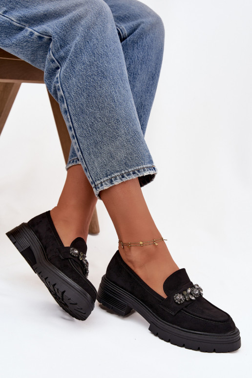 mocassins pour femmes aux yeux brillants en daim écologiqueoÀe couleur noire Lavisse