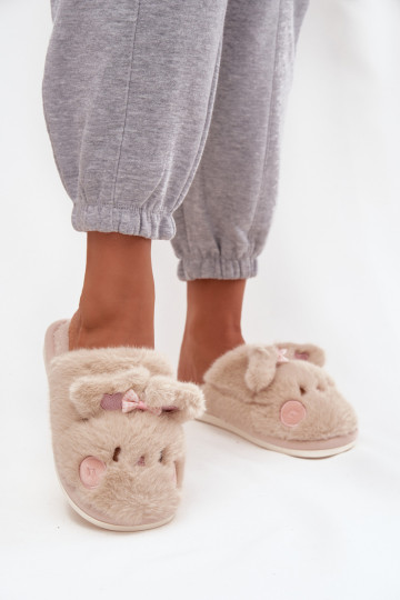 Chaussons pour femmes avec fourrure, oreilles et nœud couleur sable Corayne