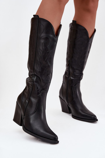 Bottes hautes style cowboy isolées avec talons en simili cuir couleur noire « Zareen » 2