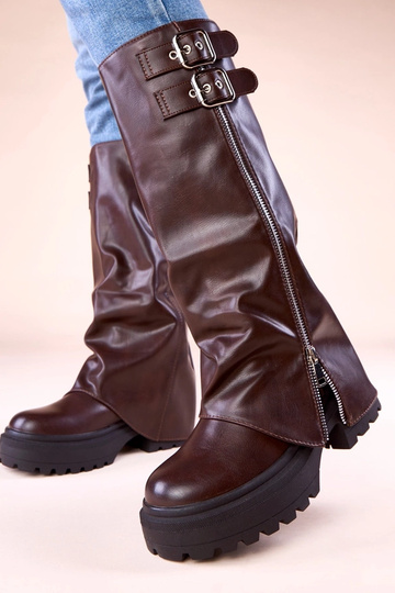 Bottes en chocolat à tige haute avec revers et boucles Ridica 2