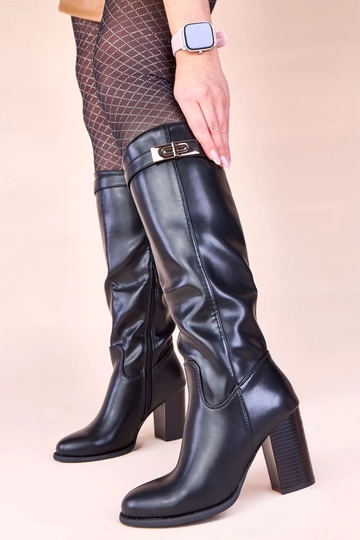 Bottes noires à tige haute sur talon bloc avec ornement doré Tessa 2