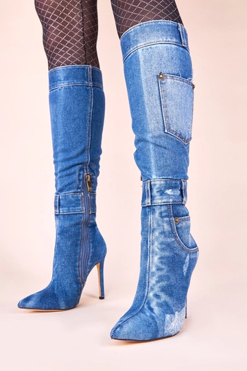 Bottes en jean à tige haute sur talon aiguille avec poches Sina
