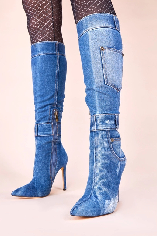 Bottes en jean à tige haute sur talon...