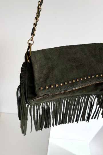 Sac en suède artificiel vert foncé avec franges et chaîne Tarella 2