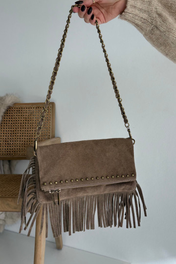 Sac en suède artificiel sable foncé avec franges et chaîne Tarella