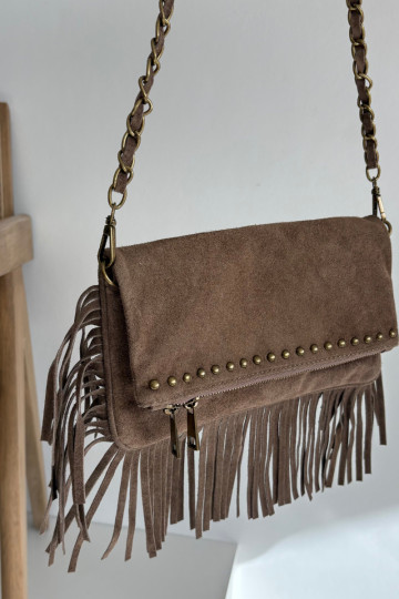 Sac en suède artificiel sable foncé avec franges et chaîne Tarella 2