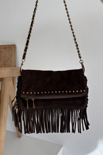 Sac en suède artificiel couleur chocolat avec franges et chaîne Tarella
