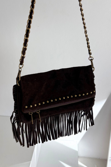 Sac en suède artificiel couleur chocolat avec franges et chaîne Tarella 2