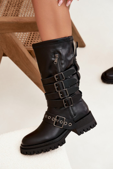 Bottes longues pour femmes noires doublées de chaleur avec bandes et boucles « Ivaline »