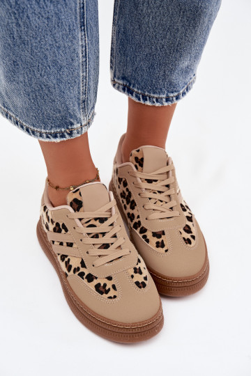 Chaussures modèle baskets Féminin avec une plateforme avec des motifs en fourrure de léopard beige Denissa