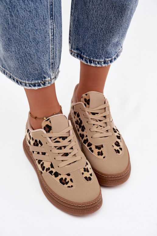 Chaussures modèle baskets Féminin avec une plateforme avec des motifs en fourrure de léopard beige Denissa