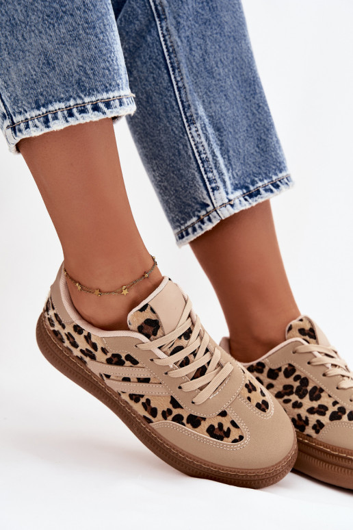 Chaussures modèle baskets Féminin avec une plateforme avec des motifs en fourrure de léopard beige Denissa