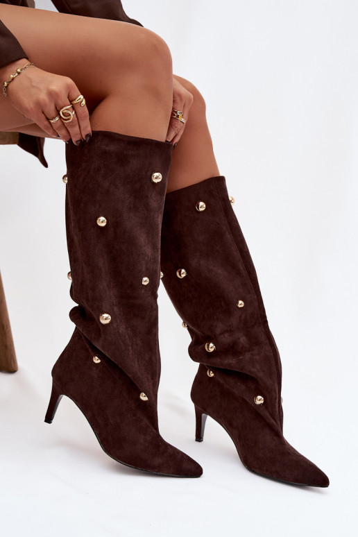 Un modèle convaincant bottes pour femmes avec des talons fins Ze couleur doréemi Ozdobami CzekoladoÀe Thaliane