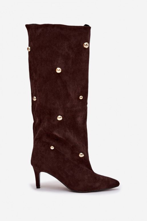 Un modèle convaincant bottes pour femmes avec des talons fins Ze couleur doréemi Ozdobami CzekoladoÀe Thaliane