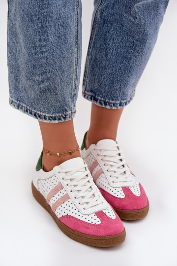 Baskets pour femmes Zazoo N1318 couleur blanc-rose avec éléments ajourés en cuir naturel