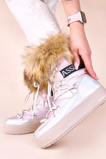 Bottes de neige argentées avec teinte rose, lacets et fourrure Alison