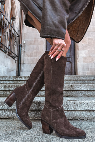 Bottes en daim hautes pour femmes avec talons et fermeture, chocolat, Lissara