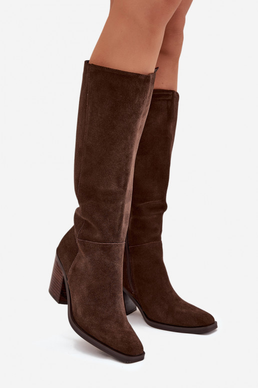 Bottes en daim hautes pour femmes avec talons et fermeture, chocolat, Lissara