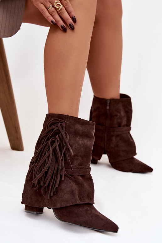 Bottines pour femmes couleur chocolat à franges et boucles dorées Evelisse