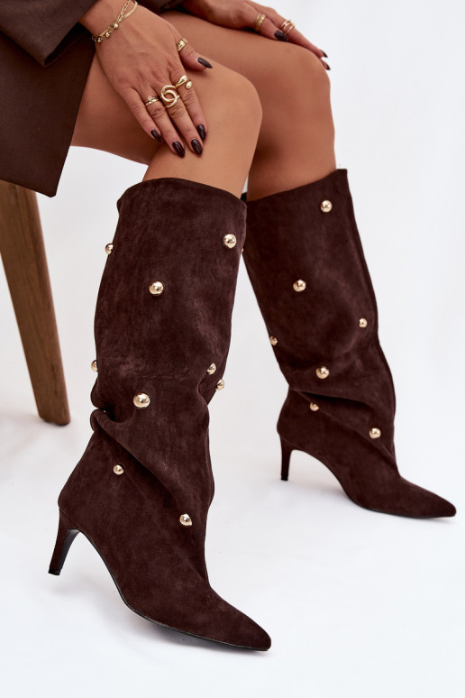 Bottes longues à enfiler chocolat pour femmes avec talons fins et ornements dorés Thaliane