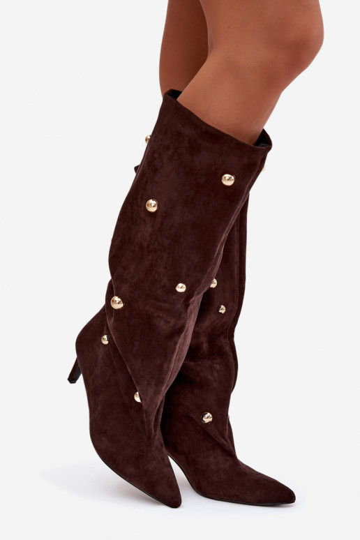 Bottes longues à enfiler chocolat pour femmes avec talons fins et ornements dorés Thaliane